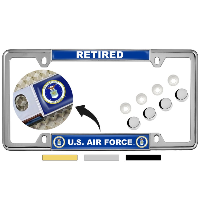 BestLicensePlateFrames [Officially Licensed Product] - USAF - U.S. Air Force Retired - Domed Custom-Made Personalized Narrow (Thin) Top 4 Hole Metal Car License Plate Frame with Free caps - Chrome Frame (Qty: 1) - Image 1